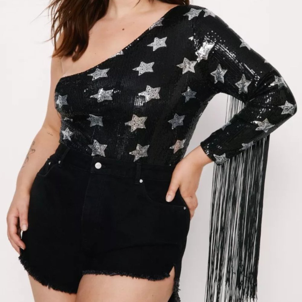 Nastygal Fringe Bodysuit with Stars and Glitter
